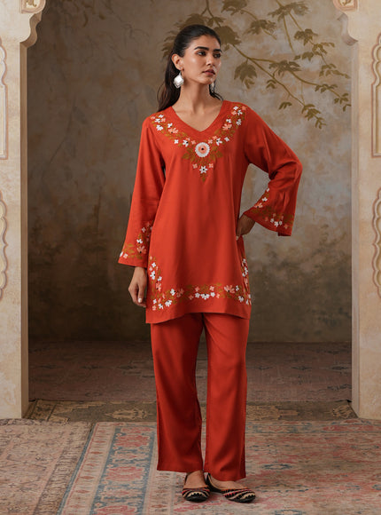 Qazmi Women's Aari Work V-Neck Black CoOrd Set