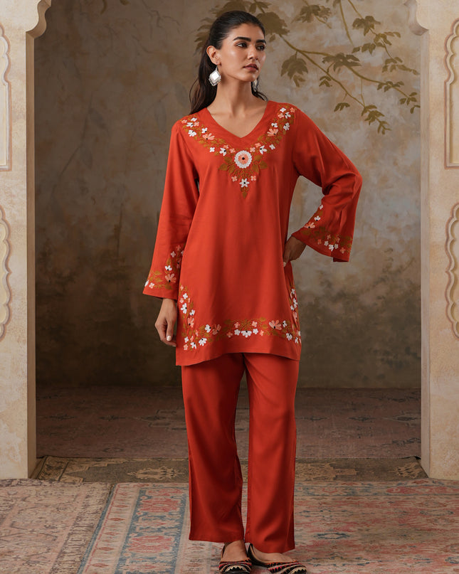 Qazmi Women's Aari Work V-Neck Black CoOrd Set