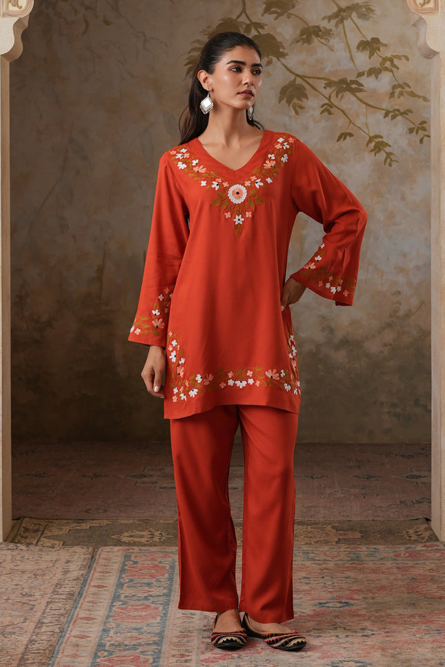 Qazmi Women's Aari Work V-Neck Black CoOrd Set