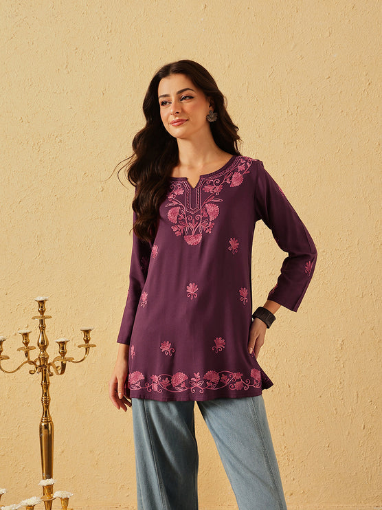 QAZMI Zayesha Kashmiri Aari Embroidered A-Line Flared Kurti