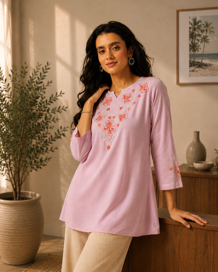Qazmi Women's Kashmiri A-Line Light Pink Kurti