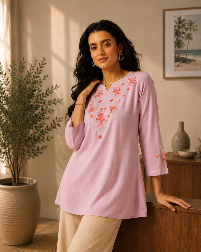 Qazmi Women's Kashmiri A-Line Light Pink Kurti