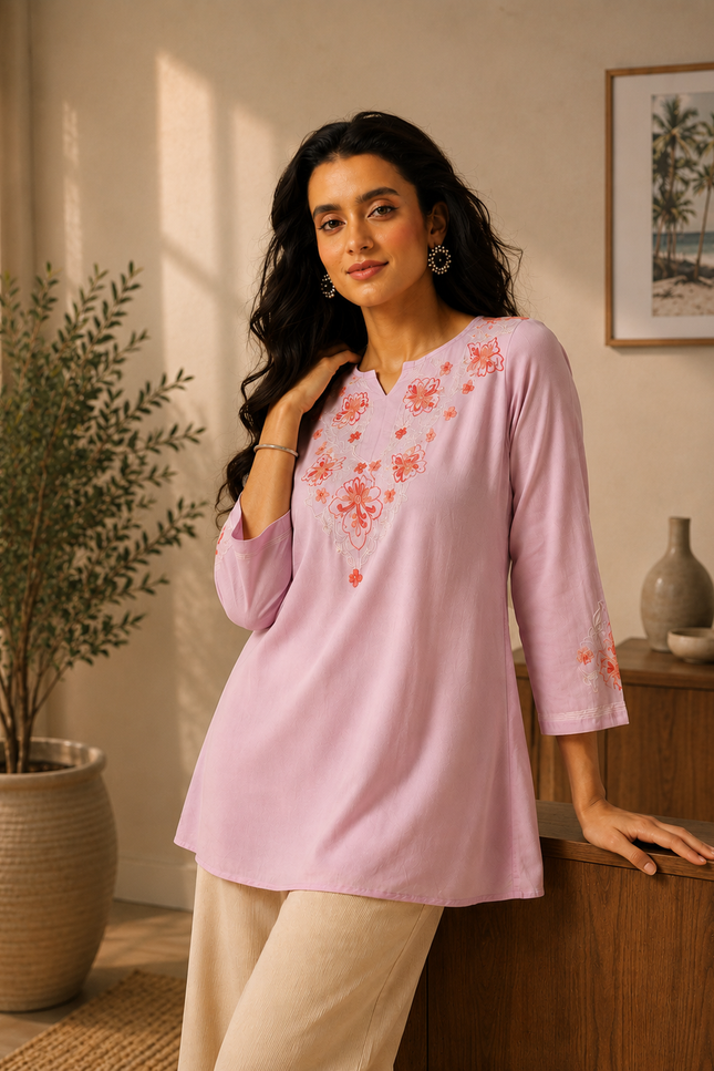 Qazmi Women's Kashmiri A-Line Light Pink Kurti
