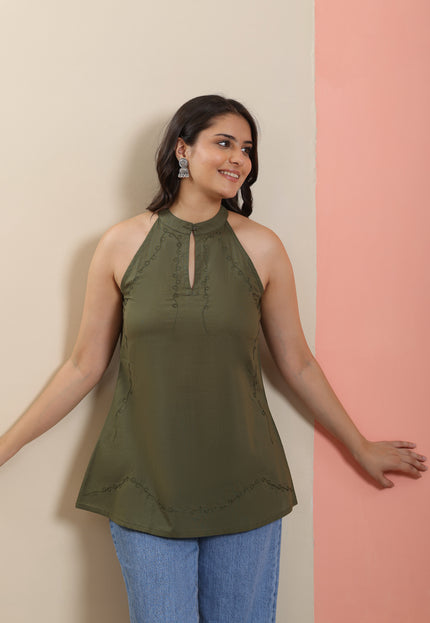 Qazmi Women Aari Embroidered Pure Cotton  Halter Neck Short Kurti