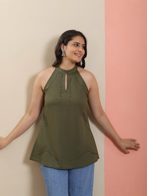 Qazmi Women Aari Embroidered Pure Cotton  Halter Neck Short Kurti