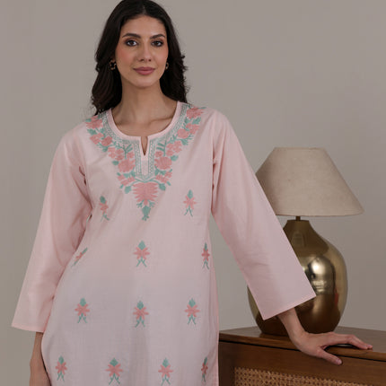 Qazmi Women's Aari Embroidered Pure Cotton Short Kurta