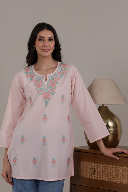 Qazmi Women's Aari Embroidered Pure Cotton Short Kurta