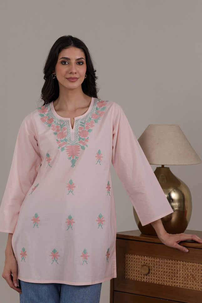 Qazmi Women's Aari Embroidered Pure Cotton Short Kurta