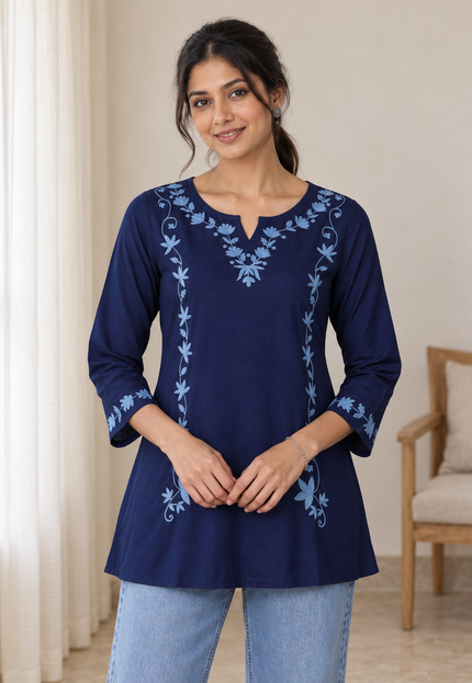 Qazmi Women Kashmiri Aari Embroidered A-Line Viscose Rayon Short Kurti with Full Sleeves