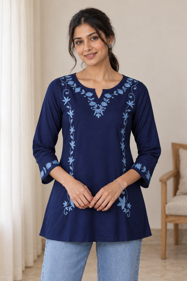 Qazmi Women Kashmiri Aari Embroidered A-Line Viscose Rayon Short Kurti with Full Sleeves