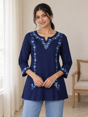 Qazmi Women Kashmiri Aari Embroidered A-Line Viscose Rayon Short Kurti with Full Sleeves