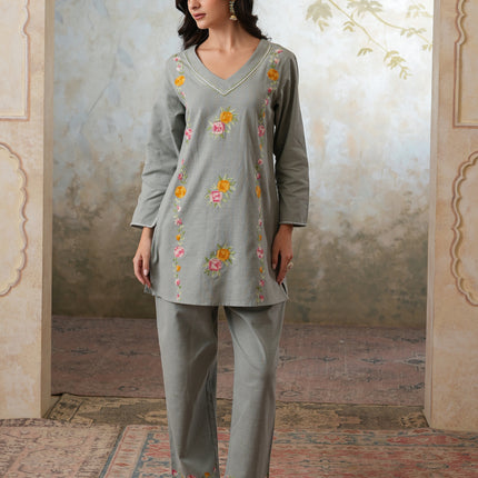 Qazmi Women's Mehreen Kashmiri Aari Work Pearl Studded Cotton Linen CoOrd