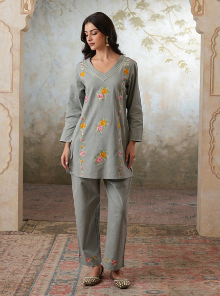 Qazmi Women's Mehreen Kashmiri Aari Work Pearl Studded Cotton Linen CoOrd