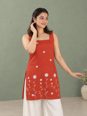 QAZMI Women Floral Embroidered Sleeveless Kurti
