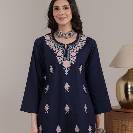 Qazmi Women's Aari Embroidered Pure Cotton Short Kurta