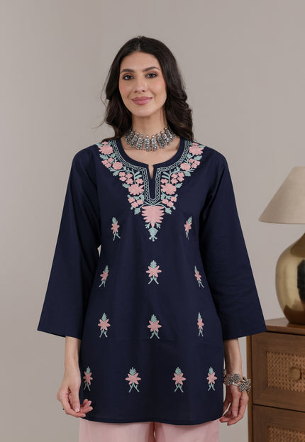 Qazmi Women's Aari Embroidered Pure Cotton Short Kurta