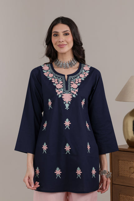 Qazmi Women's Aari Embroidered Pure Cotton Short Kurta