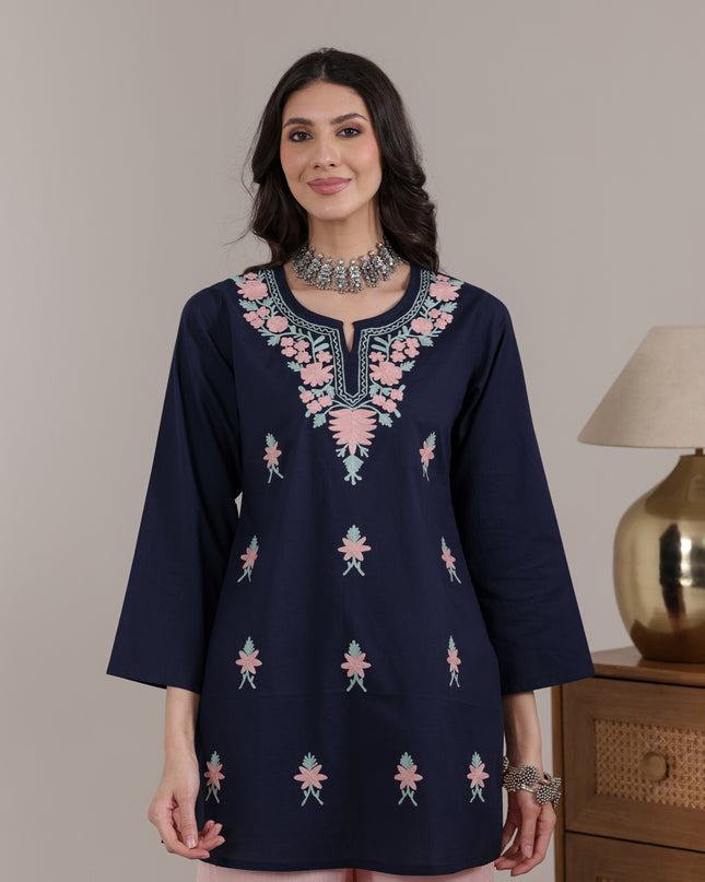 Qazmi Women's Aari Embroidered Pure Cotton Short Kurta