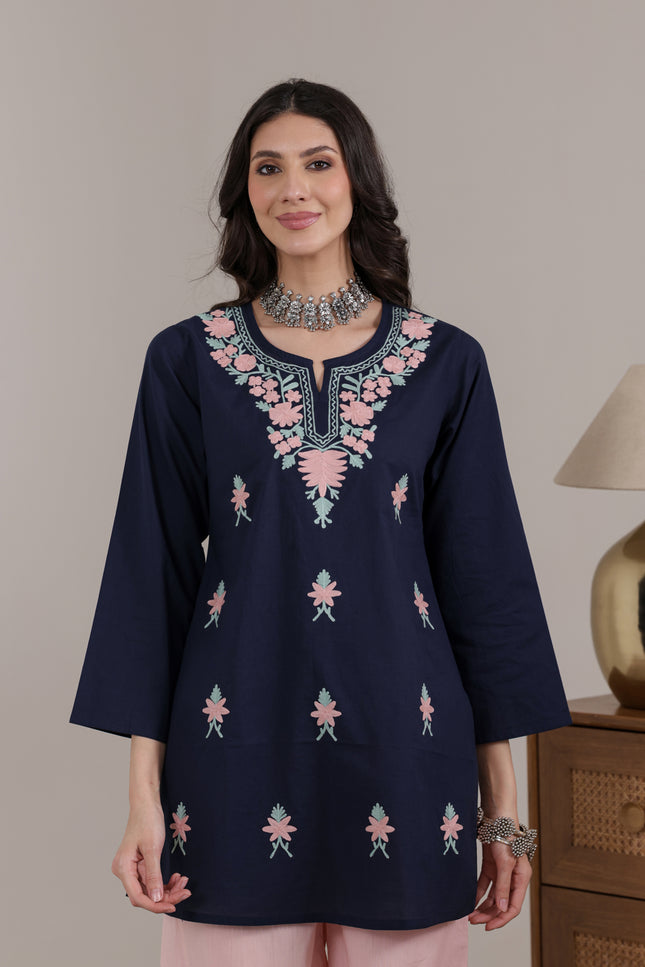Qazmi Women's Aari Embroidered Pure Cotton Short Kurta