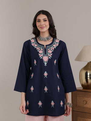 Qazmi Women's Aari Embroidered Pure Cotton Short Kurta