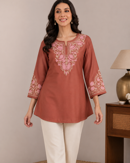 Qazmi Women Aari Embroidered Viscose Rayon A-Line Short Kurti with Full Sleeves