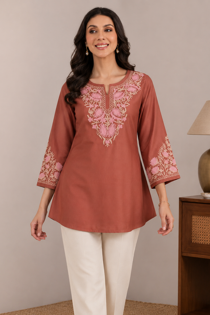 Qazmi Women Aari Embroidered Viscose Rayon A-Line Short Kurti with Full Sleeves