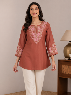 Qazmi Women Aari Embroidered Viscose Rayon A-Line Short Kurti with Full Sleeves