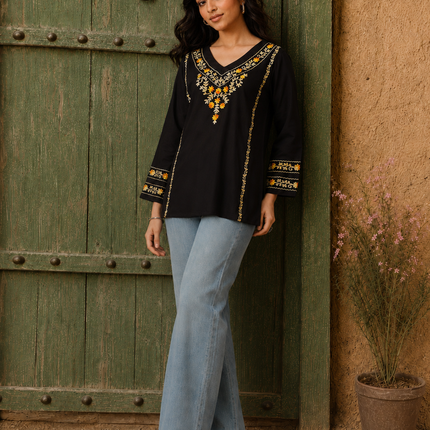 Qazmi Women's Amina Kashmiri Embroidered V-Neck Short Kurti