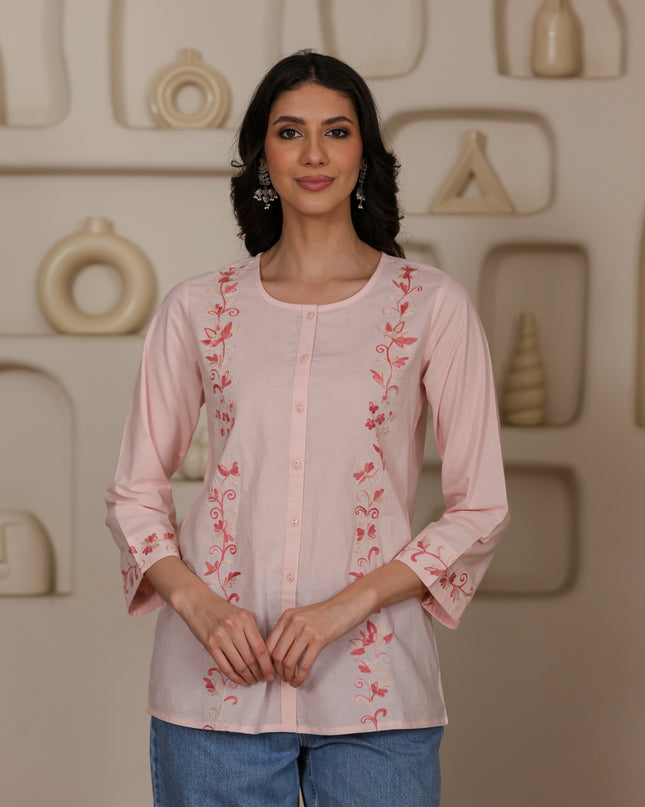 Qazmi Women Aari Embroidered Pure Cotton Mandarin Collar Top
