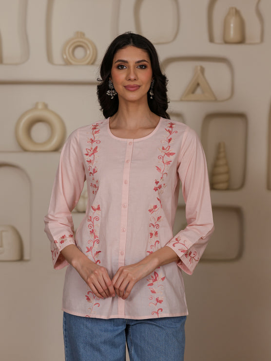 Qazmi Women Aari Embroidered Pure Cotton Mandarin Collar Top