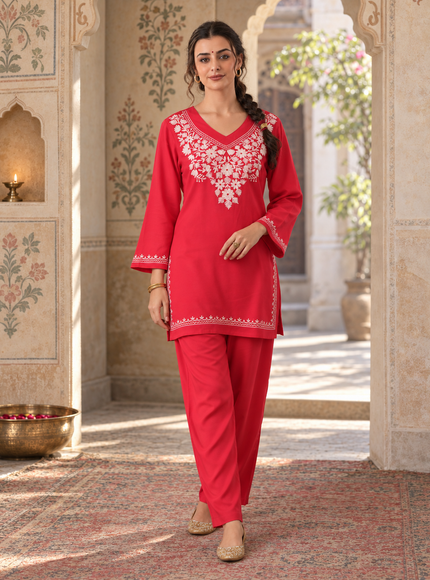 Qazmi Women's Kashmiri Aari Work Red CoOrd Set