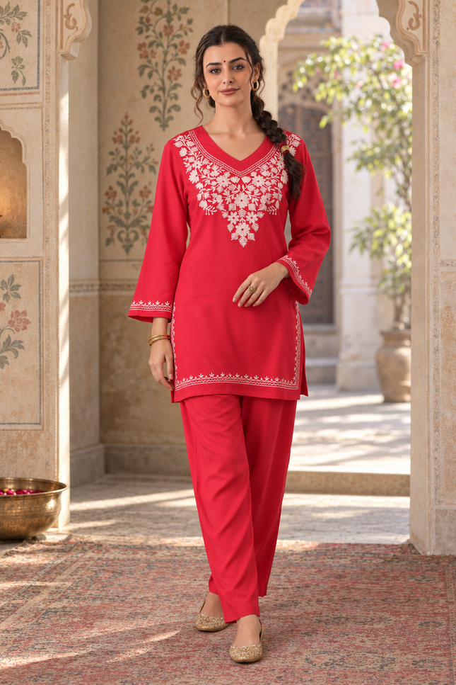 Qazmi Women's Kashmiri Aari Work Red CoOrd Set