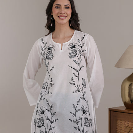 Qazmi Women's Aari Embroidered Pure Cotton Short Kurta