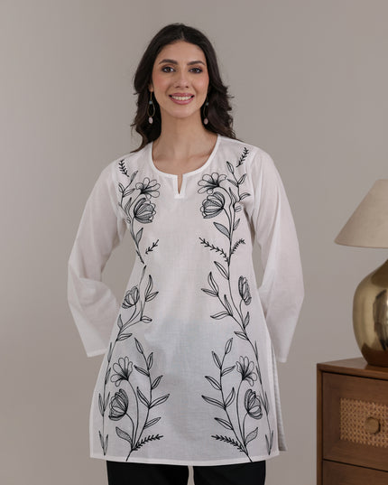 Qazmi Women's Aari Embroidered Pure Cotton Short Kurta