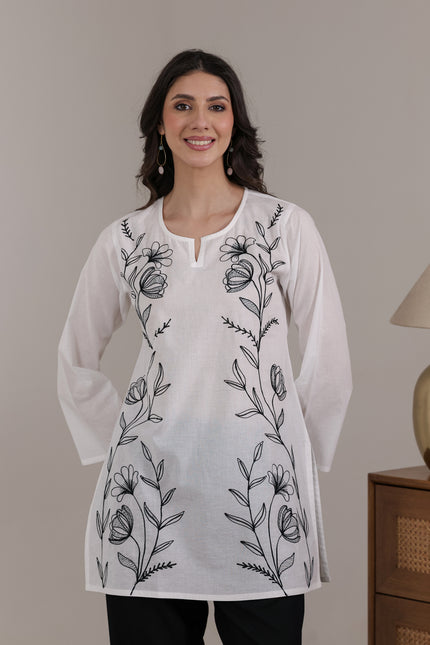 Qazmi Women's Aari Embroidered Pure Cotton Short Kurta