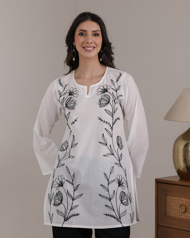 Qazmi Women's Aari Embroidered Pure Cotton Short Kurta
