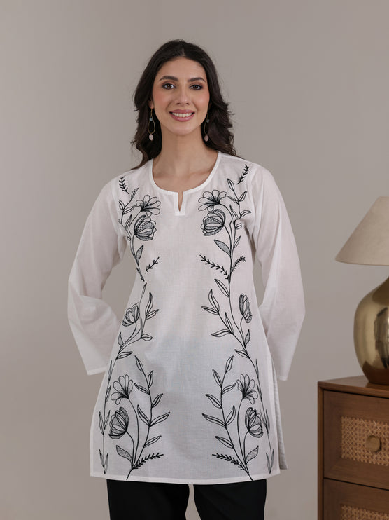 Qazmi Women's Aari Embroidered Pure Cotton Short Kurta