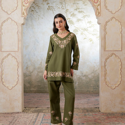 Qazmi Women's Kashmiri Chinarkari Work Olive Green CoOrd Set