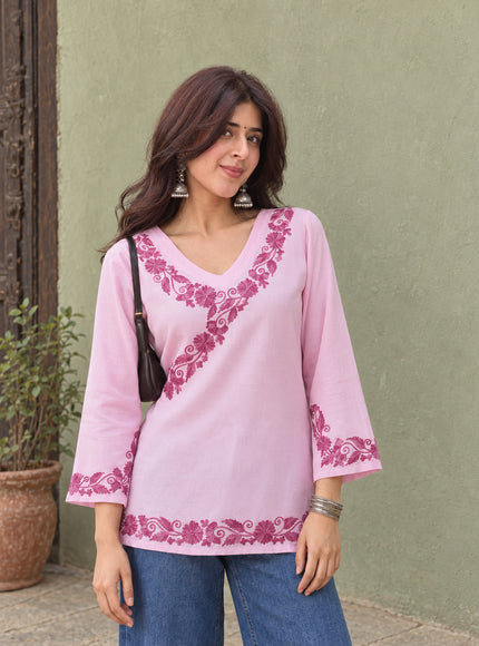 Qazmi Women's Jina V-Neck Kashmiri Aari Work Full Sleeves Kurti