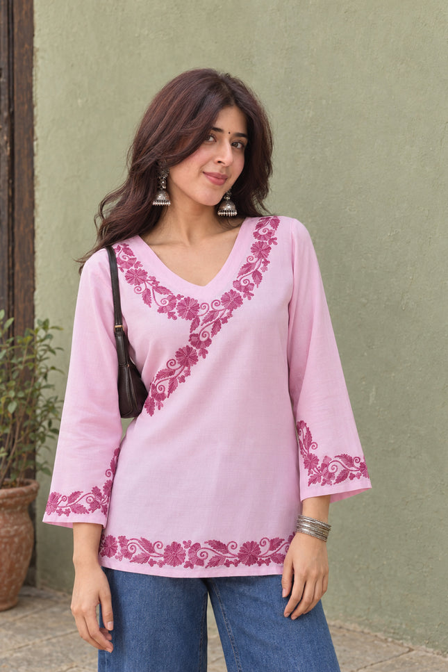 Qazmi Women's Jina V-Neck Kashmiri Aari Work Full Sleeves Kurti