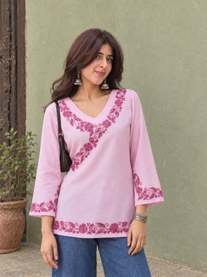 Qazmi Women's Jina V-Neck Kashmiri Aari Work Full Sleeves Kurti