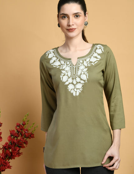 Olive Off White Short Kurti For Women
