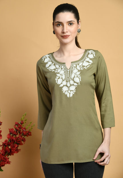 Olive Off White Short Kurti For Women