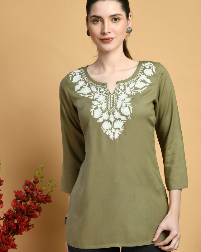 Olive Off White Short Kurti For Women