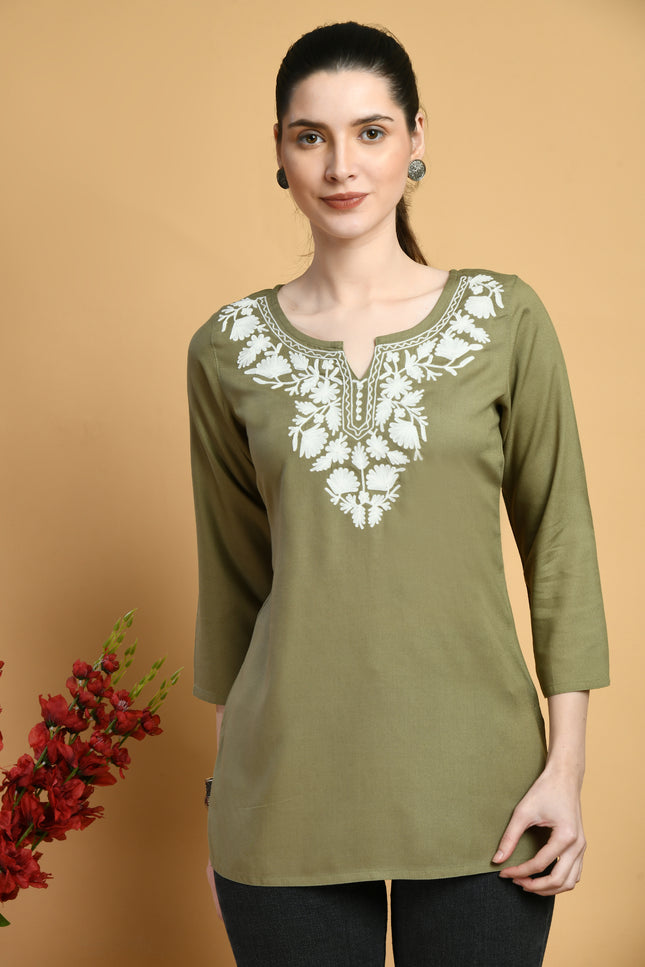 Olive Off White Short Kurti For Women