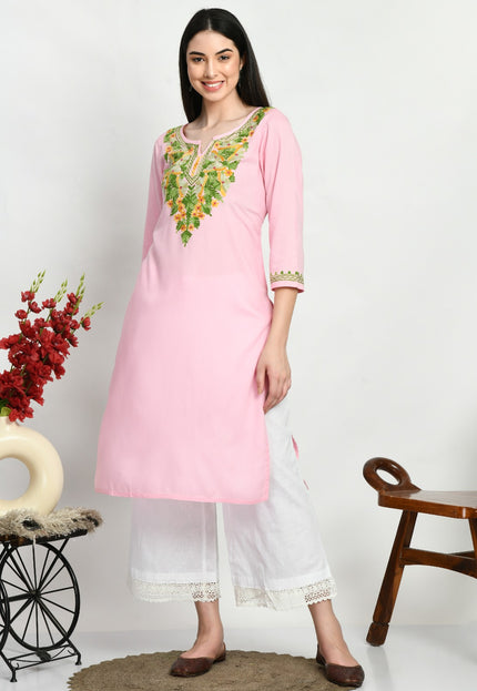 Light Pink Multi Aari Long Kurti For Women