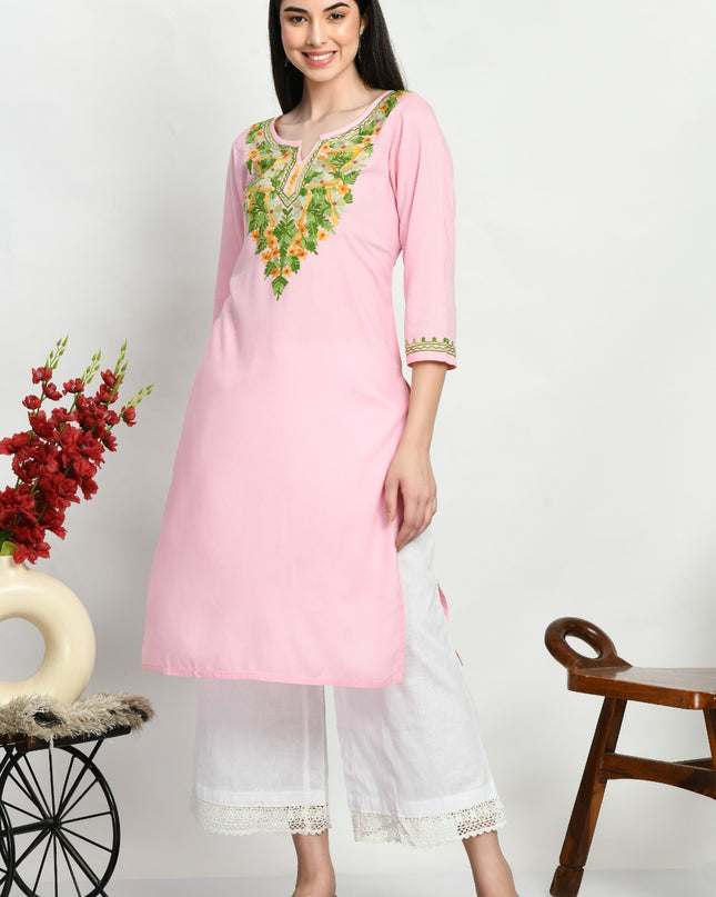 Light Pink Multi Aari Long Kurti For Women