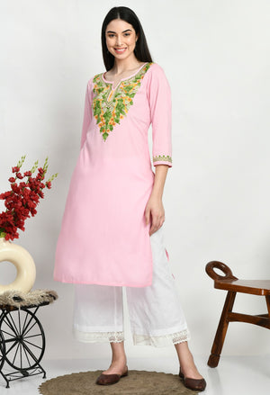 Light Pink Multi Aari Long Kurti For Women