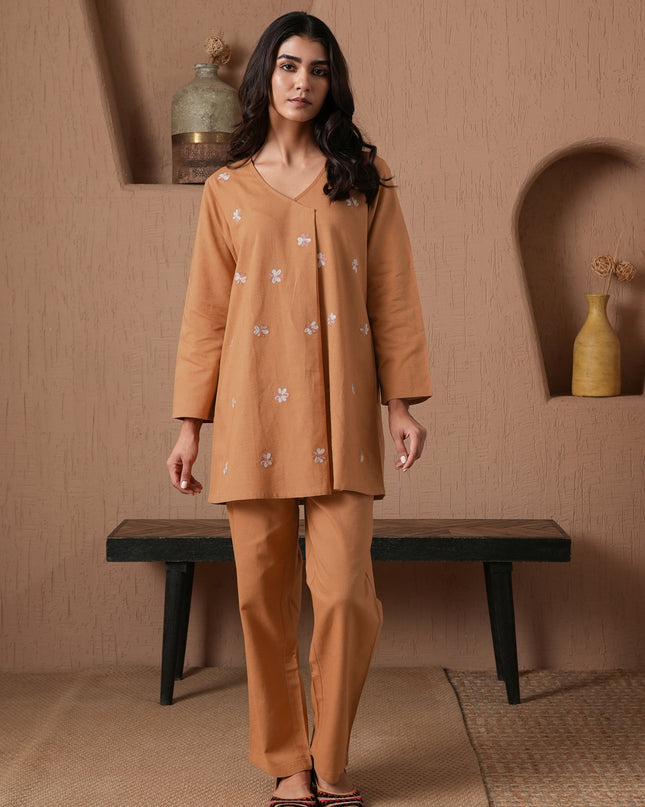 Qazmi Women's Cotton Linen Kashmiri Aari Work CoOrd Set