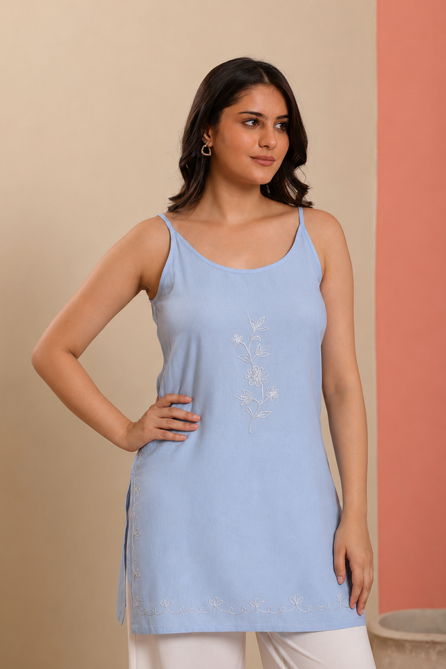 Qazmi Women Embroidered Viscose Rayon Sleeveless Embroidered Kurti